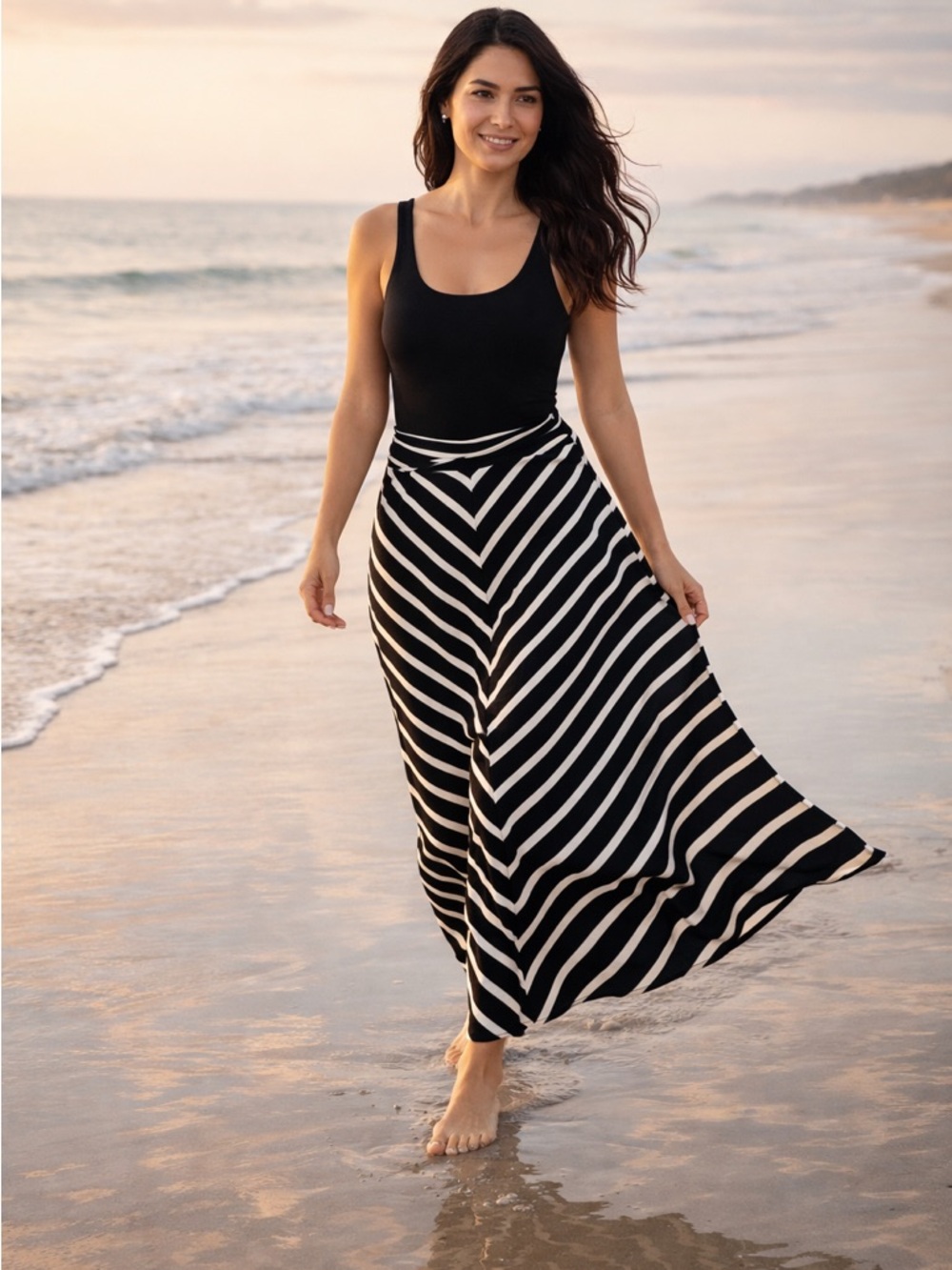 Liz Claiborne Black White Striped Maxi Skirt Medium Stretch Flowy Resort